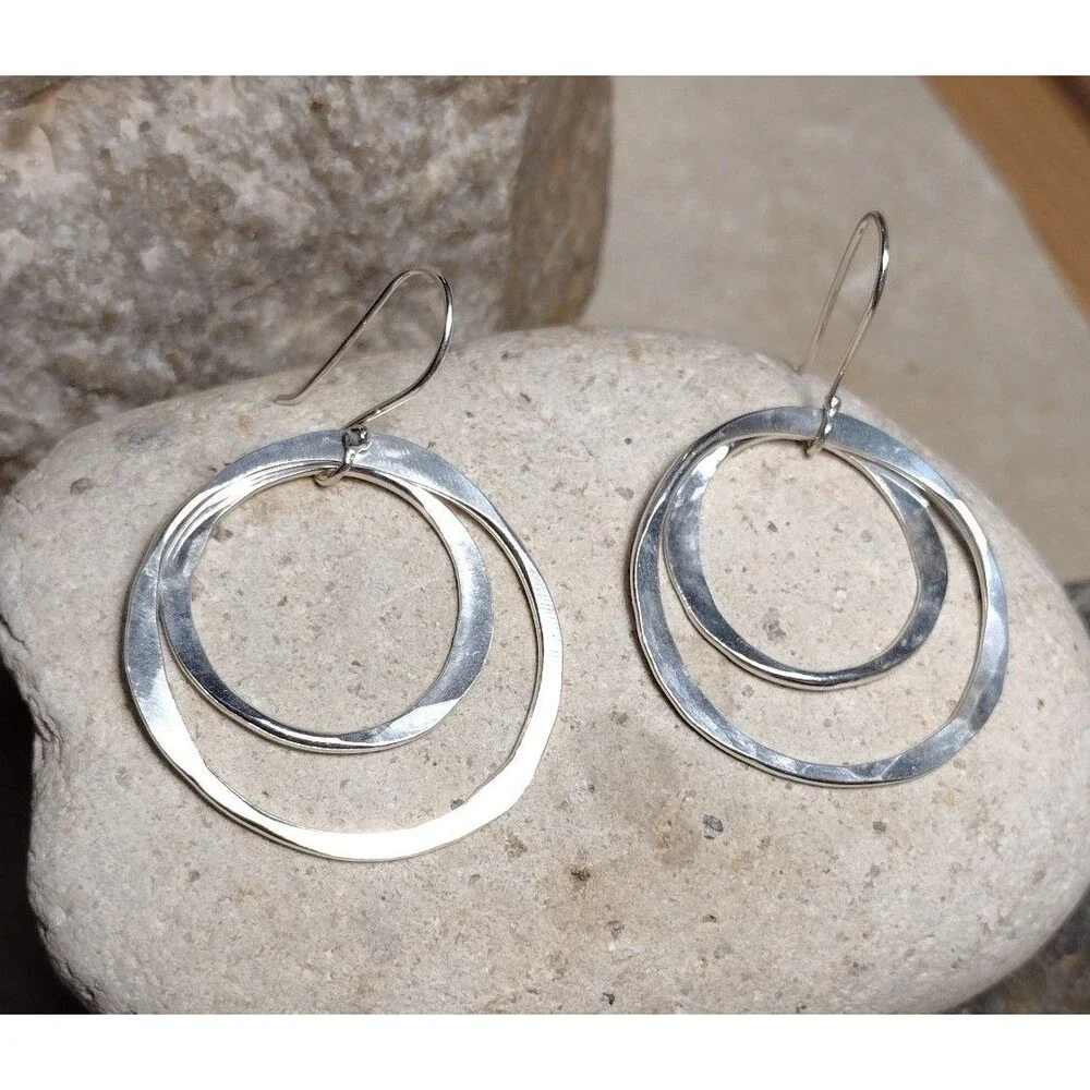 Hammered Sterling Silver 925 Double Hoop Circle Dangle Earrings 2